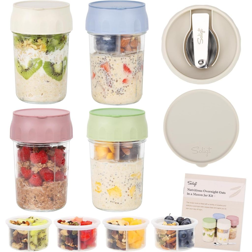 ถ้วยอาหารเช้าพร้อมฝาปิด Mason Jars Overnight Oats คอนเทนเนอร์ถ้วยแก้วแบบใช้ซ้ําได้พร้อมช้อนพับถ้วยผลไม้ปิดผนึกสําหรับห้องครัวโฮมออฟฟิศ