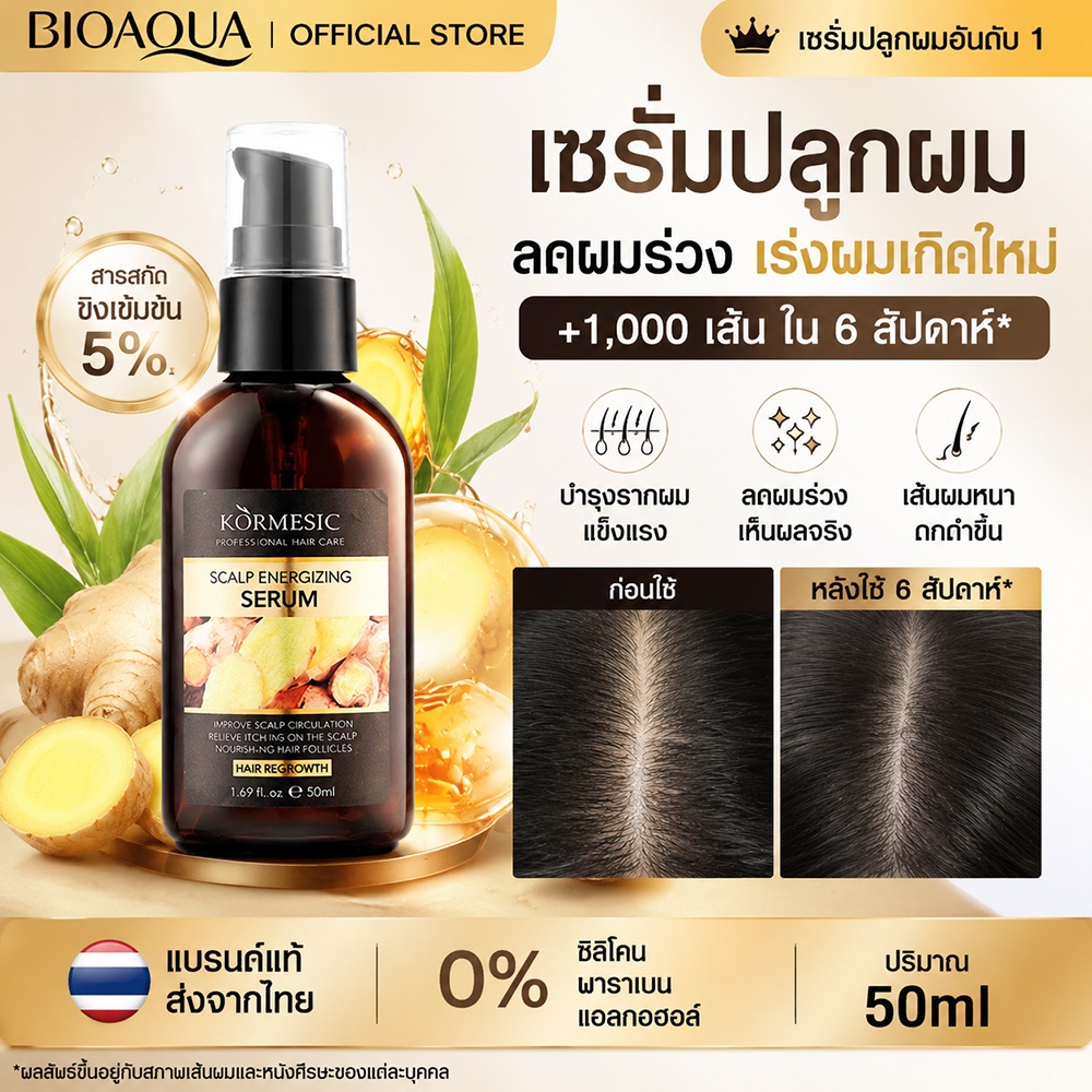 BIOAOUA เซรั่มขิงลดผมร่วง ปลูกผม เร่งผมยาว บำรุงหนังศีรษะและรากผม Anti-Hair Loss Serum 50ml