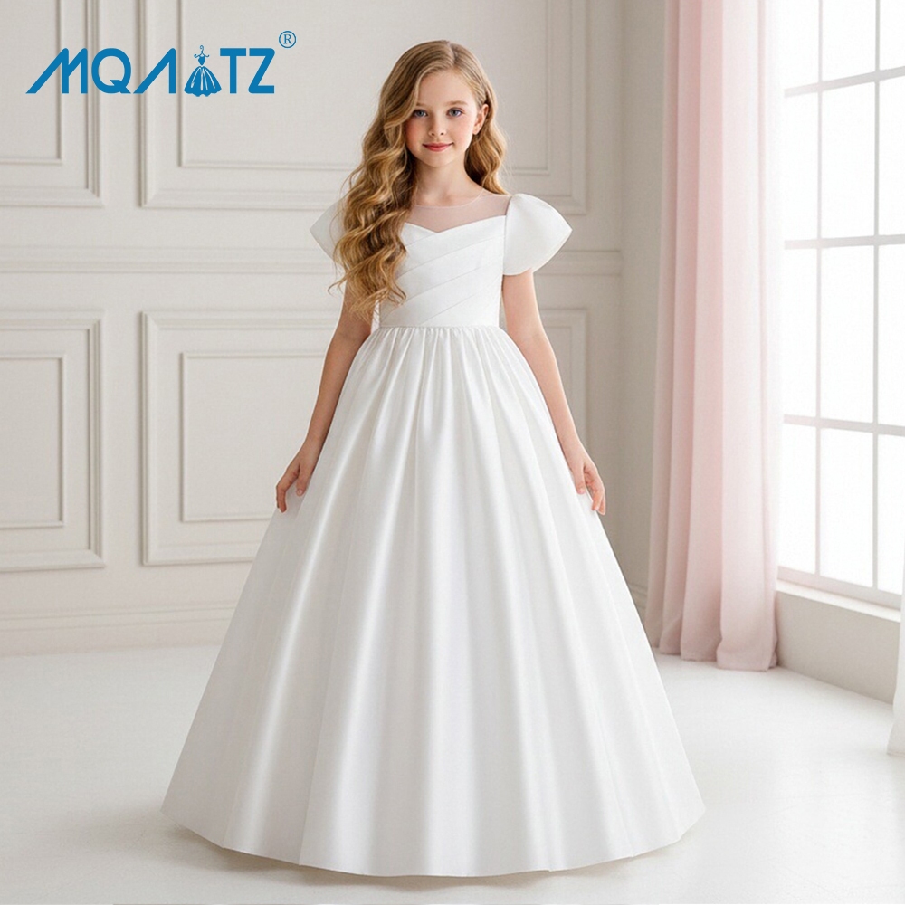 Mqatz ชุดเดรสเจ้าหญิง แขนสั้น ผ้าซาติน สีขาว สําหรับเด็กผู้หญิง อายุ 4-14 ปี LP-285
