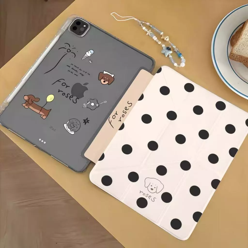 เคส iPad ดัชชุนน่ารักพร้อมช่องเสียบปากกา - การออกแบบลายจุดสีขาว, ฝาครอบป้องกันกันกระแทกสําหรับ iPad 10/9/8/7/6/5 Air 5/4/3/2/1 Pro 11 Mini 6/7