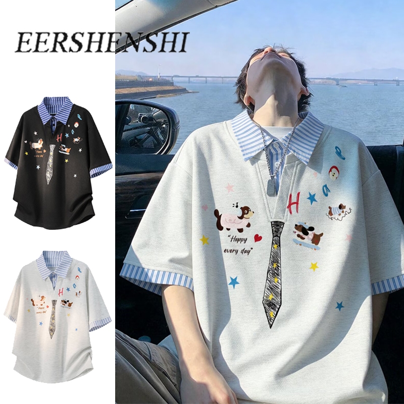 EERSHENSHI เสื้อเชิ้ตคู่ลายกราฟฟิตีน่ารักลายสุนัขเสื้อโปโล