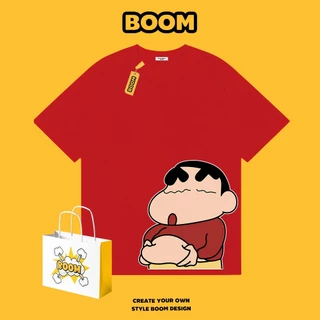 BOOM เสื้อยืดคอกลม ใส่ได้ทั้งชายและหญิง ผ้าฝ้าย 100% ระบายอากาศดี ลายการ์ตูนเครยอนชินจัง เหมาะสำหรับเยาวชน