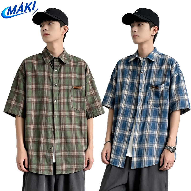 MAKI  เสื้อเชิ้ตลายสก๊อต Unisex วินเทจทรงหลวม เกาหลีแฟชั่น เสื้อเชิ้ตแขนสั้นลําลอง ผ้าฝ้ายระบายอากาศ เหมาะ สำหรับการใช้งานหลากหลายโอกาส M-3XL