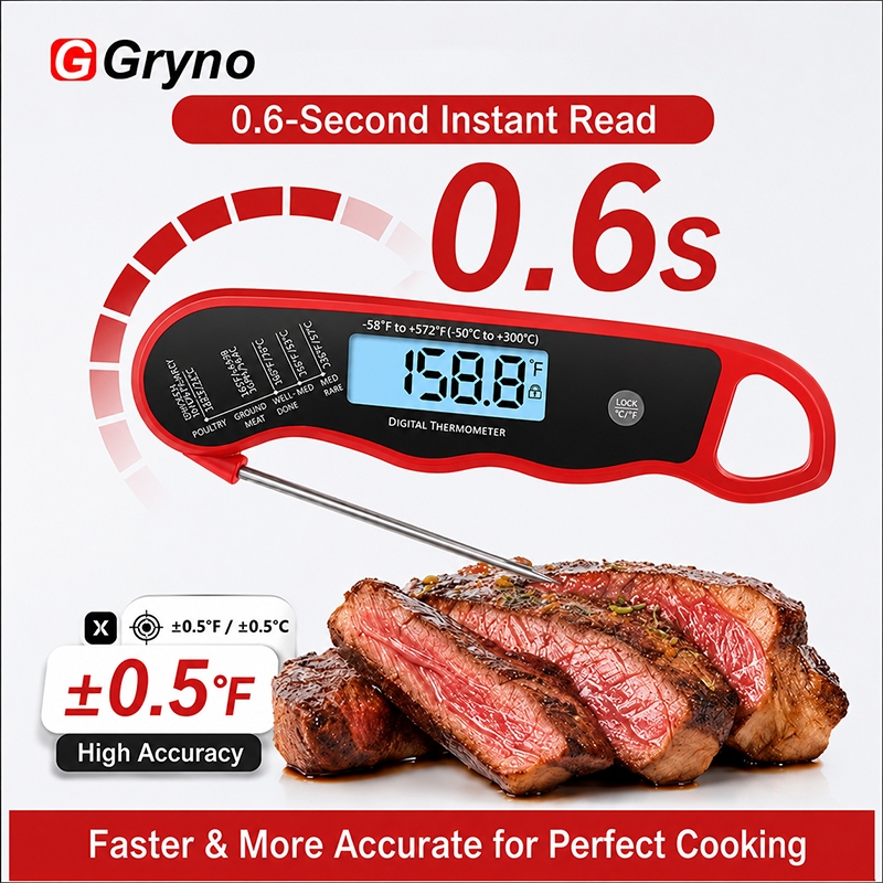 Gryno 0.6S อ่านทันทีเครื่องวัดอุณหภูมิอาหารกันน้ําพร้อม Probe Digital สําหรับห้องครัวทําอาหารเนื้อสัตว์พร้อมการออกแบบแบบพับได้