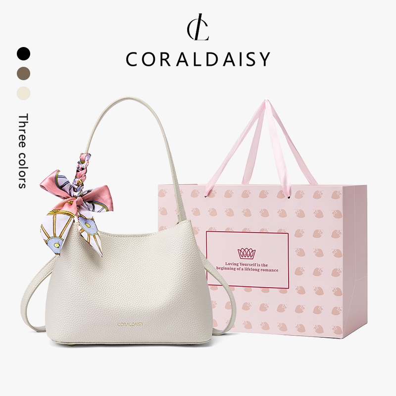 CORALDAISY 2026 กระเป๋าสะพายไหล่สีพื้นเรียบหรู กระเป๋าสะพายข้างสายยาว กระเป๋าถือทรงถัง ริบบิ้นแถมฟรี