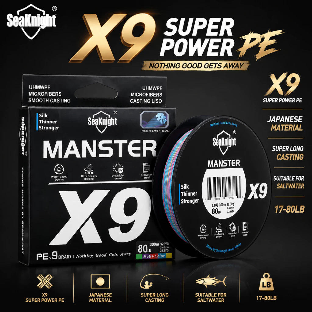 Seaknight X9 9 Strands สายตกปลาถัก Original 150 M/ 300 M/ 500 M UV-proof เคลือบ 9 สาน Smooth Multifilament PE Line น้ําเค็ม Super Strong Sea สายตกปลา 17-80LB