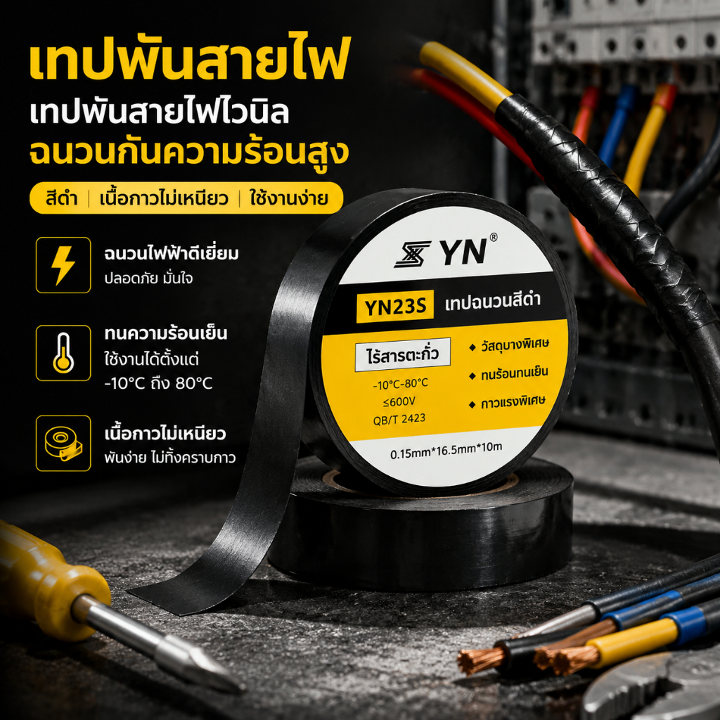 เทปพันสายไฟ เทปพันสายไฟไวนิล ฉนวนกันความร้อนสูง  สีดำ เนื้อกาวไม่เหนียว ใช้งานง่าย 0.15*16.5*10 Insulation Tape PVC Electrical