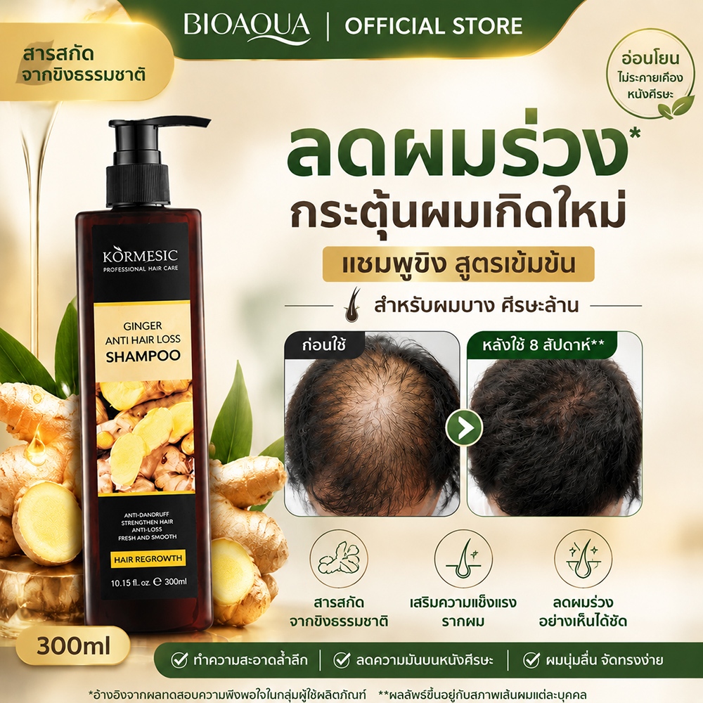 แชมพูลดผมร่วง BIOAOUA Ginger Shampoo Set ยาสระผมเร่งผมยาว เพิ่มวอลลุ่ม Anti-Hairloss Shampoo 300ML
