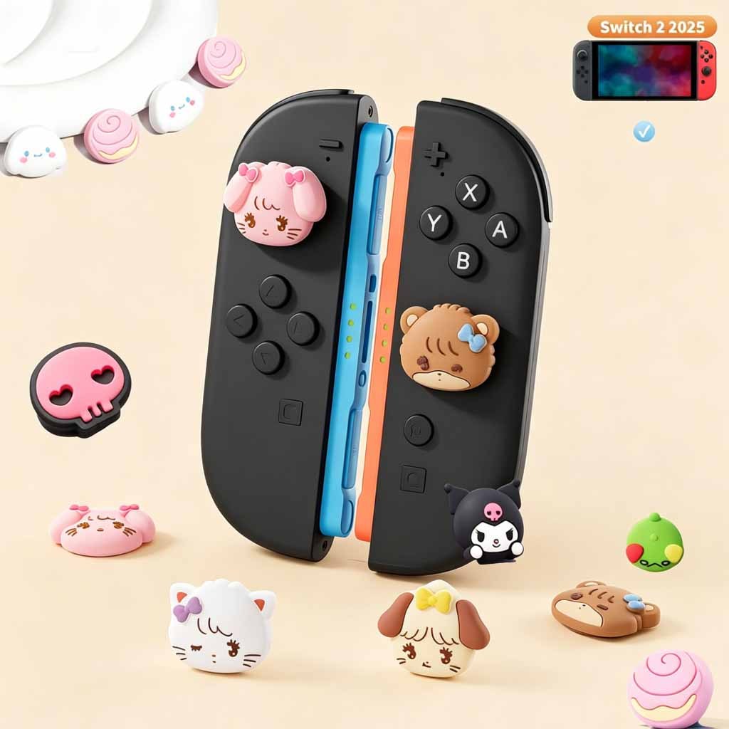 น่ารัก-Themed Thumb Grip Caps ใช้งานร่วมกับ Nintendo Switch 2, จอยสติ๊กซิลิโคน Grip Caps สําหรับ Switch 2025, 4 ชิ้น, สไตล์แมวน่ารัก