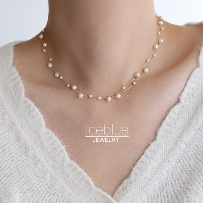 Iceblue-ผู้หญิงDouble Layer Pearl Beadedสร้อยคอกันน้ําNon Tarnish 316Lสแตนเลสไทเทเนียมเหล็กHoallergenicแฟชั่นเครื่องประดับงานแต่งงานN02