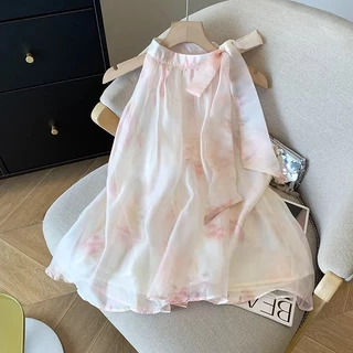 Suitcute เสื้อเบลาส์แขนกุดผ้าชีฟองสีชมพูสไตล์ฝรั่งเศส ดีไซน์เก๋ๆ ทรงเข้ารูป โชว์กระดูกไหปลาร้า เสื้อผู้หญิงทรงหลวม ไม่ซ้ำใคร women clothing L042