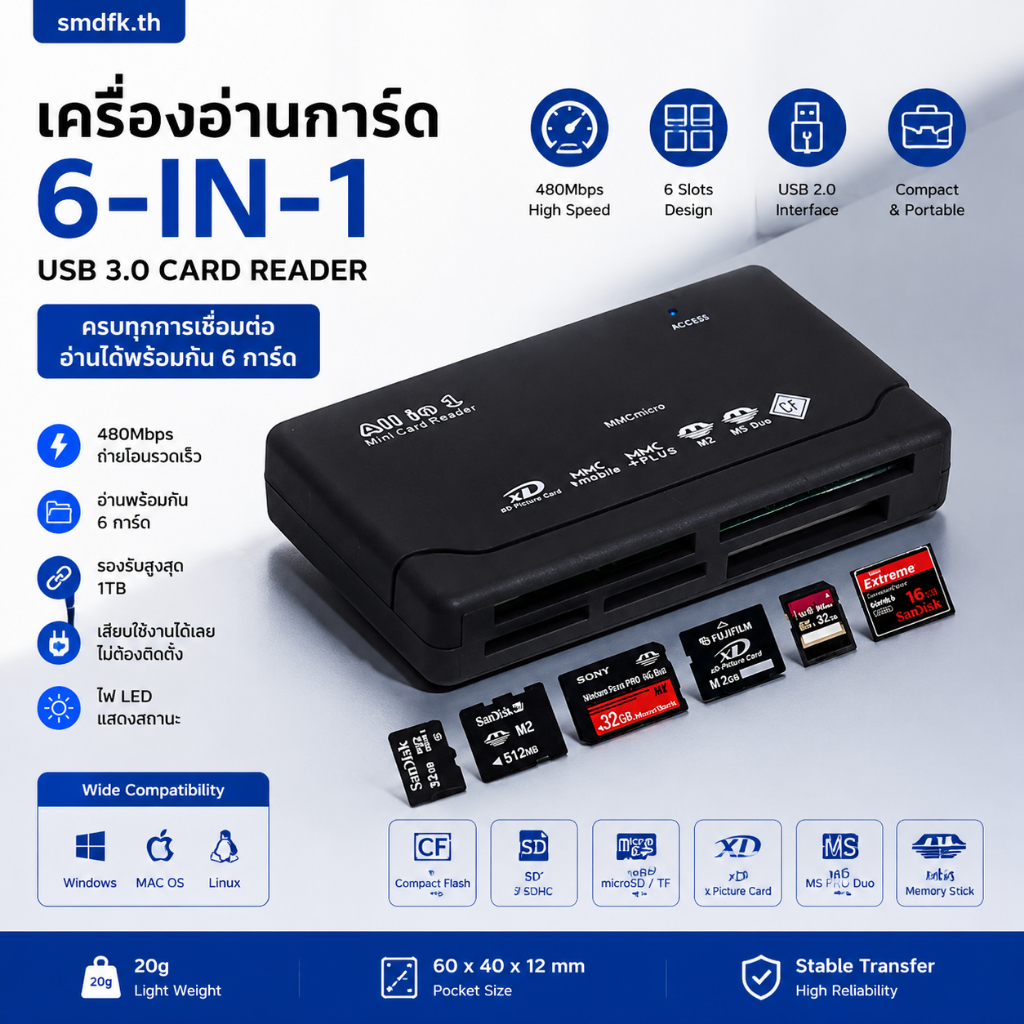 เครื่องอ่านการ์ด USB 2.0 All in One 6 ช่อง รองรับ CF/SD/microSD/MS/XD/M2 โอนข้อมูล 480Mbps Plug & Pl