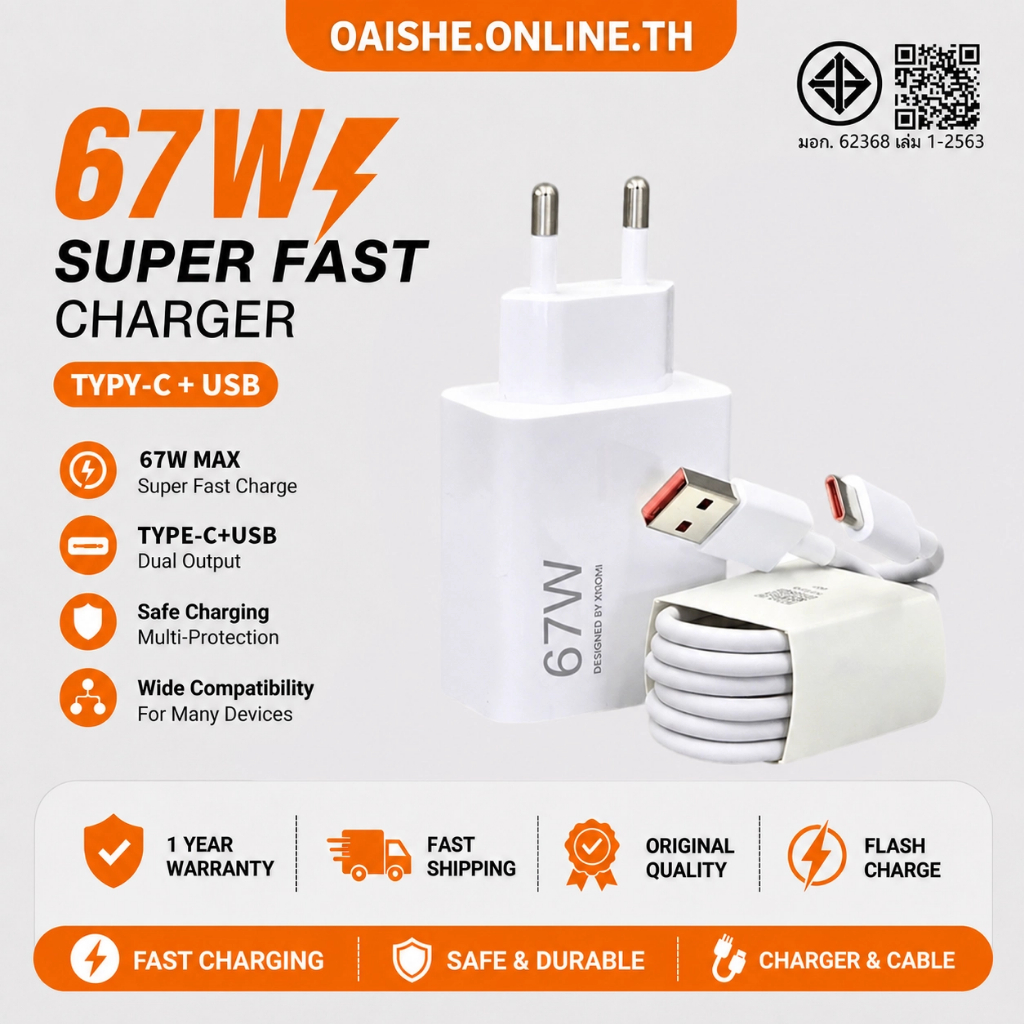 เครื่องชาร์จ Type-C 67W สําหรับ Xmi Xmi15-17 Pro, Rdmi K30-80 Pro, เครื่องชาร์จ Gan Hyper รองรับการชาร์จเร็วอย่างรวดเร็วและมีประสิทธิภาพ หัวชาร์จและสาย 6ก.
