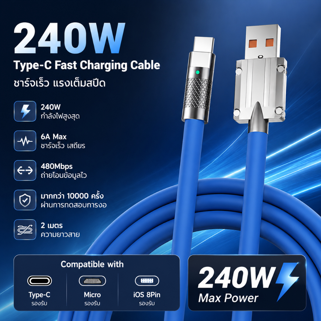 สายชาร์จเร็ว 240W 6A ยาว 2ม. ซิลิโคนเหลว Type-C/Micro/8Pin ส่งข้อมูลได้ ทนดึง กันงอ สำหรับมือถือ แท็บเล็ต พกพาเดินทาง