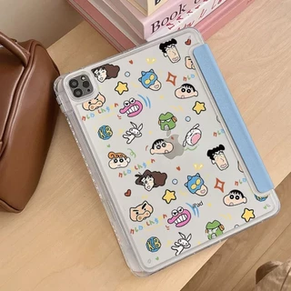 การ์ตูน Shin-chan กรณีแท็บเล็ตสําหรับ iPad generation10th air5 10.9 gen7/8/9th air4 PRO2018 Pro2022 pro11 gen9 10.2 gen7 mini6 2024 air6 11in ช่องเสียบปากกาเกราะป้องกัน