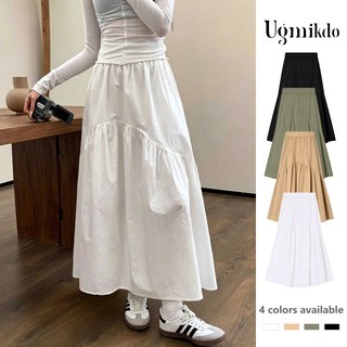 Ugmikdo New Style Elastic Waist Pleated Stitching Long Skirt