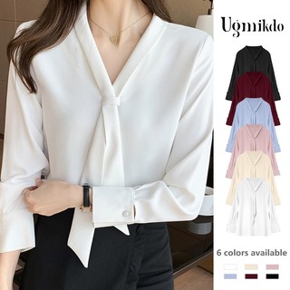 Ugmikdo Korean Style Chiffon Blouse for Women Long Sleeve V Neck Tie Neck Elegant Office Wear Casual Formal  Shirt Top