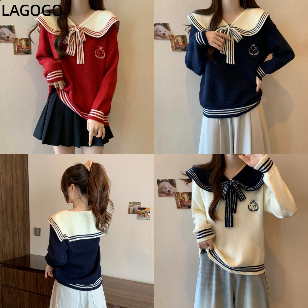 คอปกทหารเรือ ไหล่อย่างเป็นทางการ เสื้อไหมพรมสีแดง เสื้อกันหนาวผู้หญิง ฝรั่งเศส สุด ๆ สวย อายุ