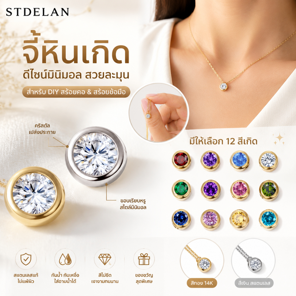 【STDELAN】Lucky Transfer อะไหล่DIYสร้อยคอสร้อยข้อมือผู้หญิง จี้ห้อยคอทรงกลมประดับเพชรซิกโคเนีย สแตนเลสชุบทอง 12 สีให้เลือก กันแพ้ง่าย ใส่มั่นใจไร้กังวล ความหมายดี