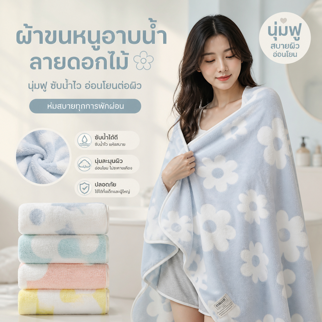 【ซื้อ 1 แถม 1】ผ้าขนหนูอาบน้ำพิมพ์ลายกำมะหยี่สีปะการัง ซึมน้ำได้ดี แห้งเร็ว ขนาดใหญ่ 140*70 ซม. อ่อนโยนต่อผิว เหมาะสำหรับเด็กและผู้ใหญ่
