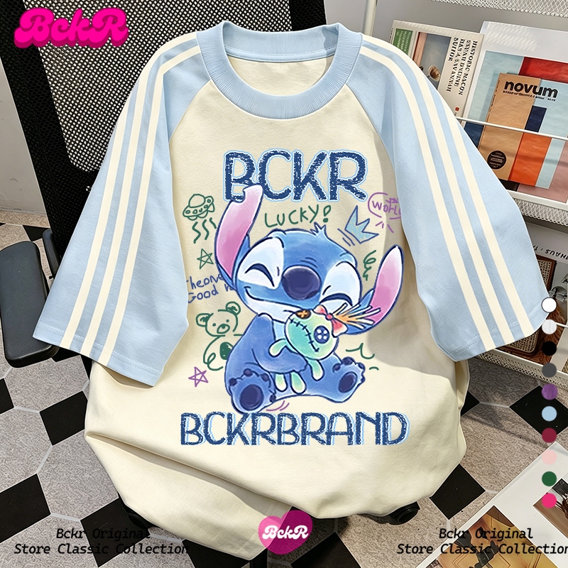🎀BCKR🎀พร้อมส่งจากกทม🔥เสื้อยืดผู้หญิงสไตล์เกาหลี ขนาดโอเวอร์ไซส์ ลายพิมพ์สติทชี่ ผ้าฝ้าย คอกลม แขนสั้น 🩵💧 YG65