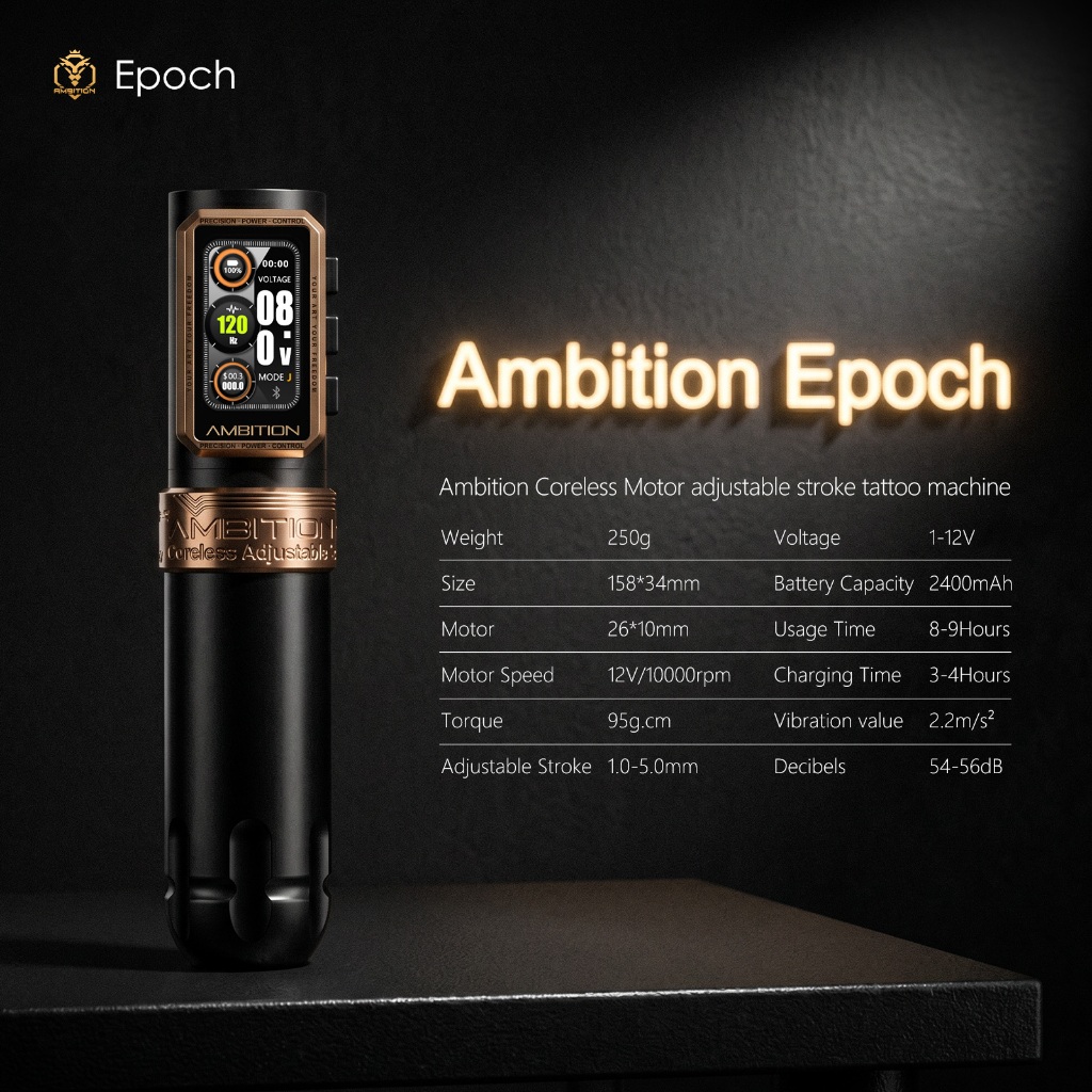 Ambition Epoch Tattoo Machine ไร้สาย Coreless มอเตอร์ปรับจังหวะ 1.0-5.0 มม.อายุการใช้งานแบตเตอรี่ยาวนานเสียงรบกวนต่ํา Professional Tattoo ปากกา