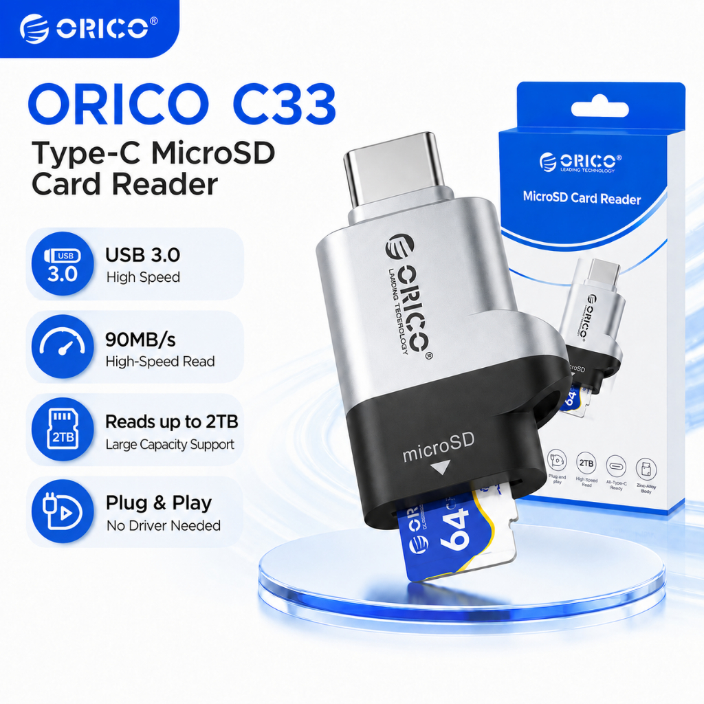 ORICO C33 Type-C MicroSD Card Reader USB 3.0 90MB/s 2TB Plug & Play Adapter สําหรับแล็ปท็อปโทรศัพท์