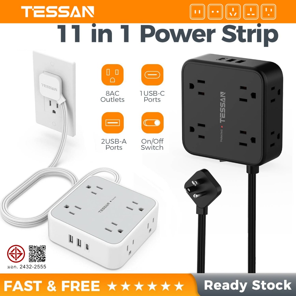 TESSAN สายไฟต่อพร้อม USB+Type C, รางปลั๊กไฟแบบพกพาสายไฟคุณภาพสูง