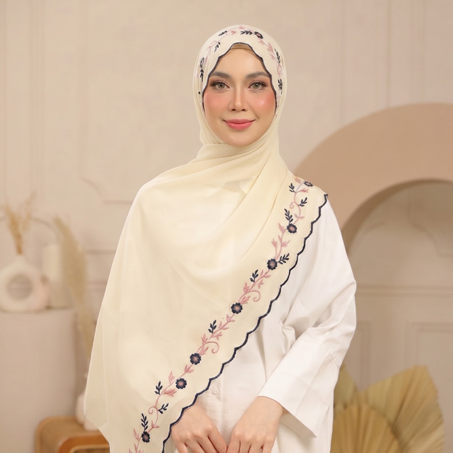 LAVEN ดอกไม้ทูโทนเย็บปักถักร้อยผ้าคลุมไหล่ฮิญาบ Sulam ชีฟองหนัก Headscarf Scallop Edge ผ้าพันคอมุสลิม Tudung
