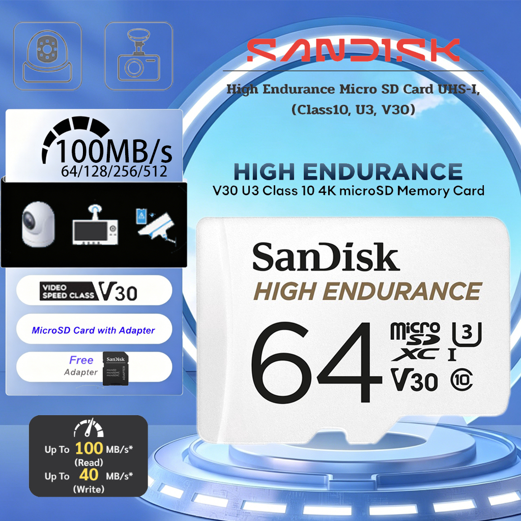 (ส่งด่วน) SANDISK Micro SDcard แท้ SanDisk High Endurance microSDXC / HC แซนดิส เมมโมรี่การ์ด ความเร็ว 100MB/S ความจุ 64GB 128GB 256GB Class10 High Endurance