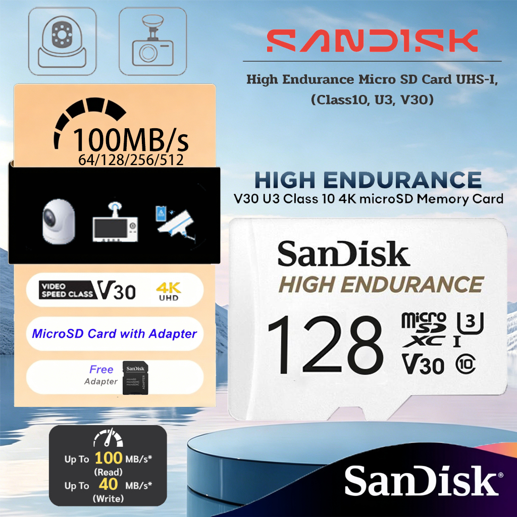 High Endurance microSD 64GB (SDSQQNR-064G-GN6IA) สำหรับกล้องวงจรปิด S/an/Disk ความเร็วสูงสุดอ่าน 100 MB/s เขียน 40 MB/s