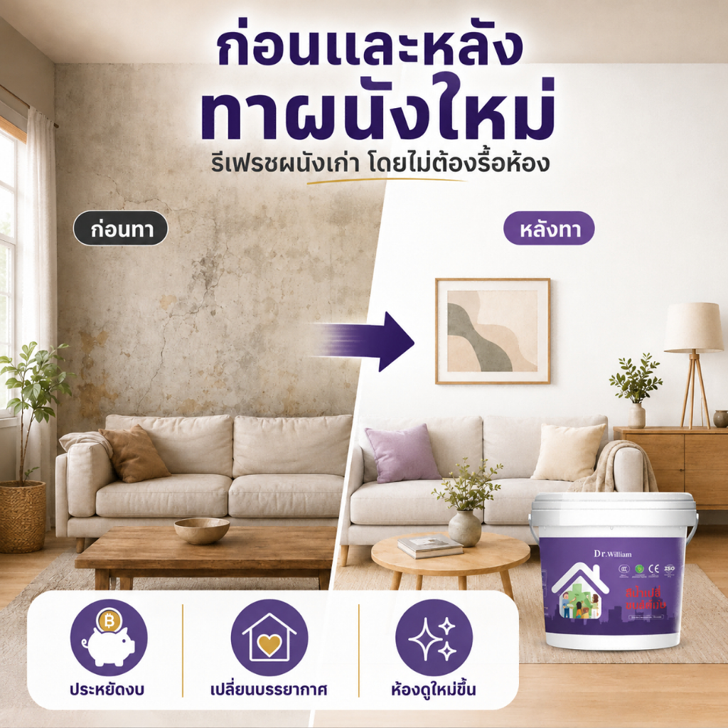 【Dr.William】 สีน้ำทาภายใน สีทาผนังภายใน สีทาบ้าน สูตรน้ำ กลิ่นอ่อน ยึดเกาะดี เช็ดล้างได้ หลายเฉดสี