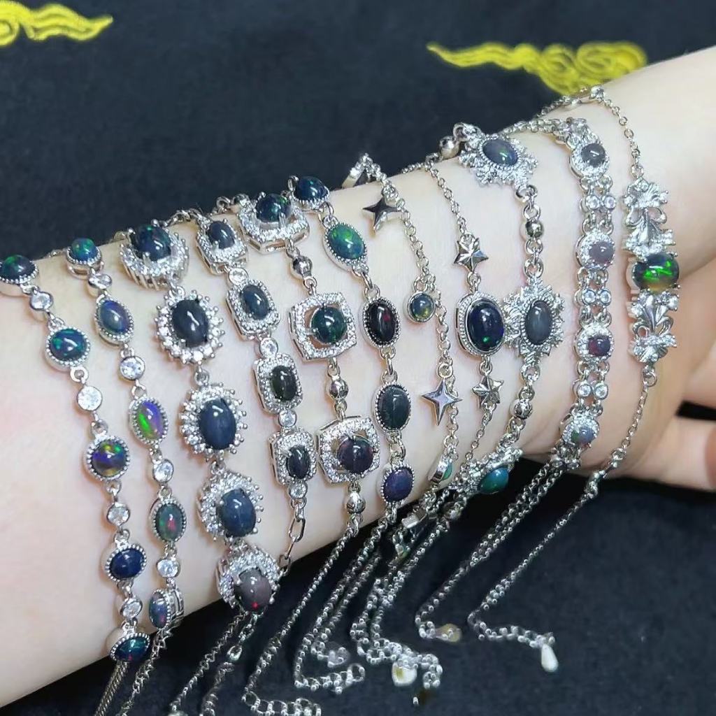 สร้อยข้อมือฝังโอปอลสีดําธรรมชาติแฟชั่นสไตล์สีติดทน