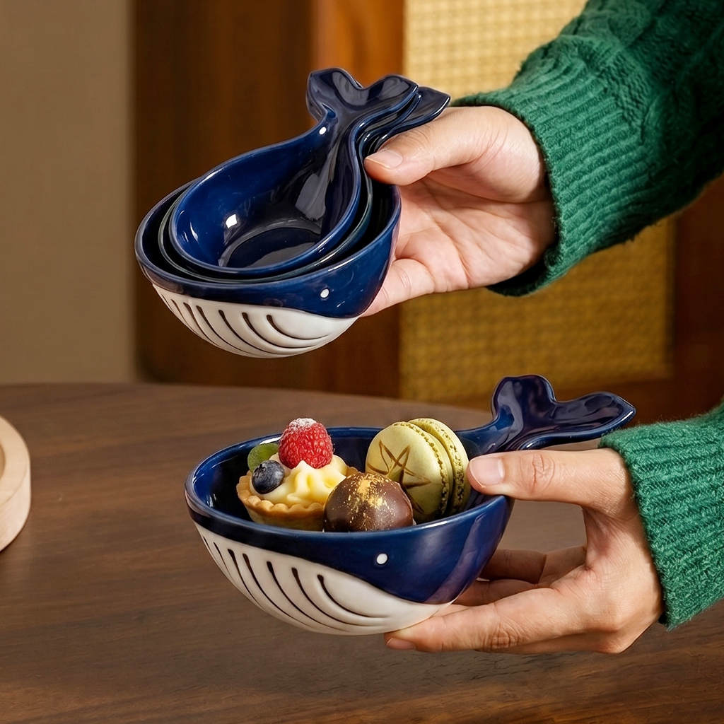 HongDian ชามเซรามิกรูปปลาวาฬ ceramic porcelain bowl ชามขนม ชามน่ารักสไตล์มินิมอล ชามใช้ในครัว ชามสำหรับเด็ก ชามใส่เกี๊ยว ชามเก็บของขนาดเล็ก ชามลายวาดมือ ชามเซรามิกดีไซน์ ชามใช้งานหลากหลาย ชามเซรามิกคุณภาพสูง เน้นความปลอดภัยและความทนทาน ชุดชามปลาวาฬ 3 ชิ้น