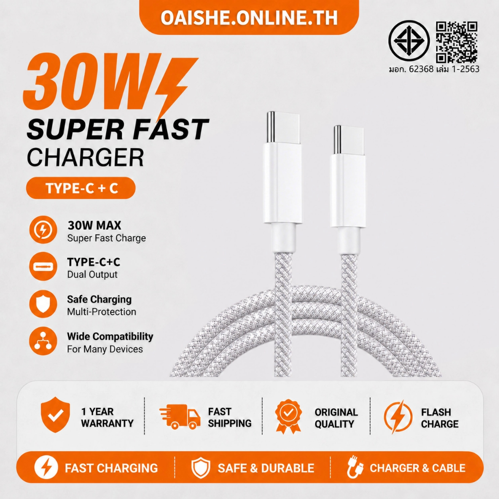 ชุดชาร์จ PD 30W เข้ากันได้กับโทรศัพท์ Android i15/16/17 PRO MAX และรวมสายชาร์จเร็ว C-to-C
