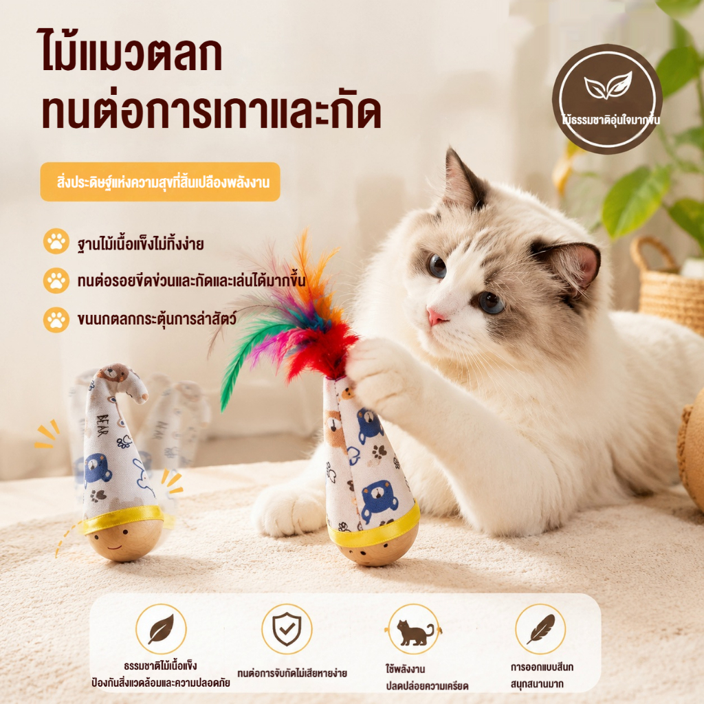 แก้วน้ําไม้ ของเล่นแมว ไม้ขนนกกันกัด แก้เบื่อแมว