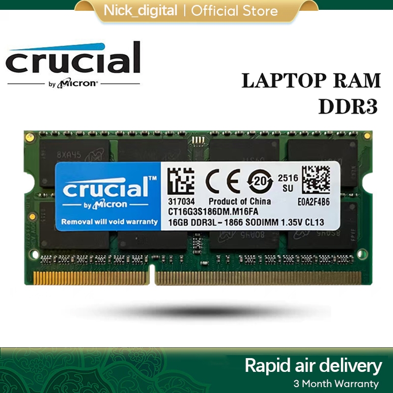 Crucial 16gb DDR3L ram 1600Mhz 1866MHz โน้ตบุ๊ค ram 1.35v แล็ปท็อปสําหรับหน่วยความจํา 1.5v RAM SODIMM PC3L C13 RAM