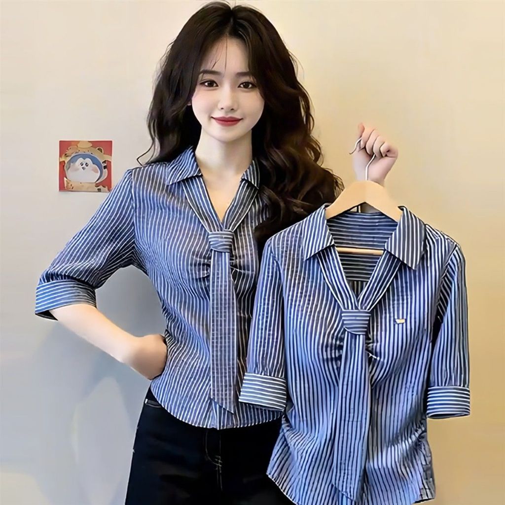 เสื้อเชิ้ตสํานักงานสไตล์เกาหลีเสื้อเบลาส์ผูกโบว์ลายทางสีกรมท่าเสื้อตัวเล็กหรูหรา
