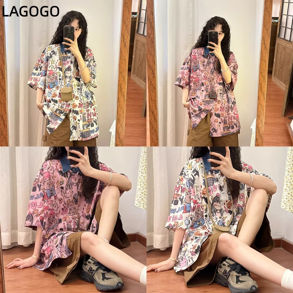 เสื้อเชิ้ตแขนสั้นพิมพ์ลายย้อนยุคอเมริกันทรงหลวมแบบใหม่ฤดูร้อน