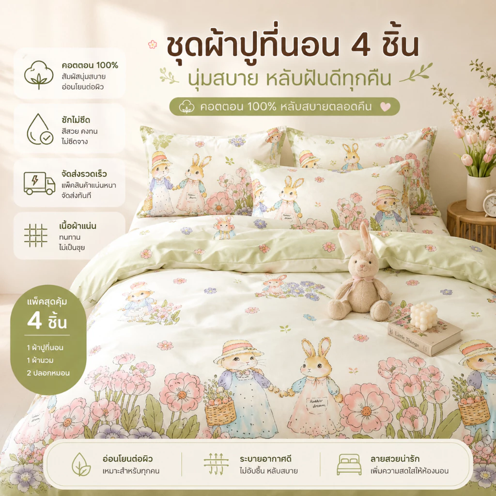 ชุดเครื่องนอนลายการ์ตูนสัตว์ 4 ชิ้น ปลอกผ้านวม 3 ฟุต 5 ฟุต 6 ฟุต