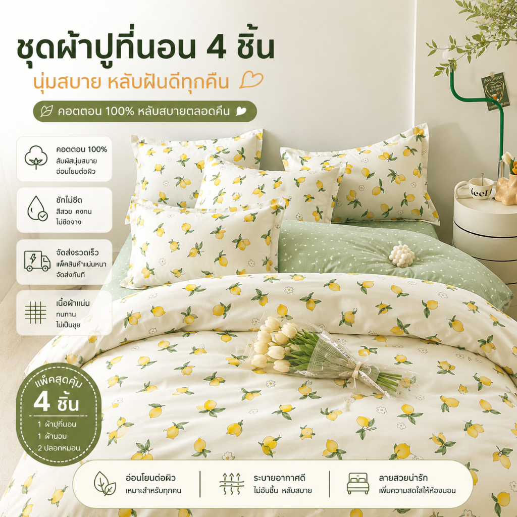 [คลังสินค้าพร้อม] ชุดผ้าปูที่นอน 4 ชิ้น ลายหลากหลาย ลายมะนาว & ดอกไม้ นุ่มนวล น้ำหนักเบา  ปลอกผ้านวม 3ฟุต 5ฟุต 6ฟุต