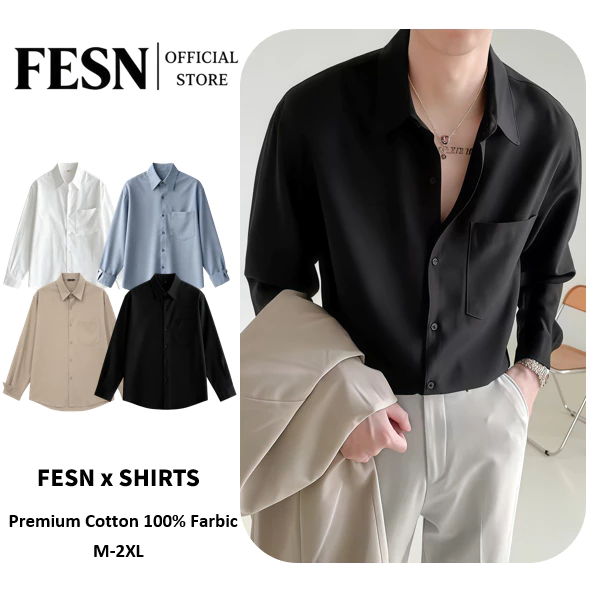 Silky Pocket Collar Shirt เสื้อเชิ้ตผู้ชายผ้าซาตินลื่น แขนยาวทรงโอเวอร์ มีกระเป๋าหน้าอก 4 สี ขาว/เบจ/ฟ้าเทา/ดำ ไซซ์ M-2XL