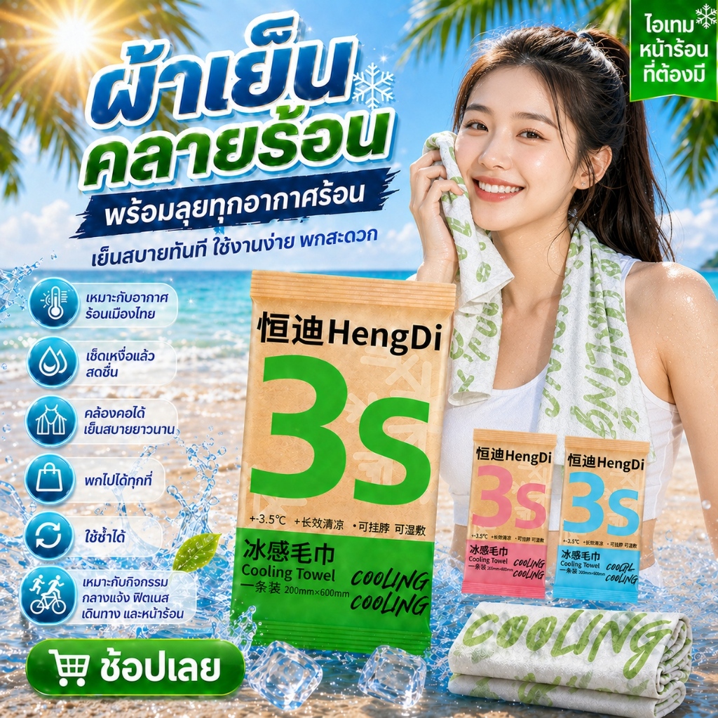 ผ้าเช็ดทำความสะอาดแบบเย็น - ผ้าเช็ดเหงื่อเย็นสดชื่น เย็นชุ่มฉ่ำ และเย็นเหมือนน้ำแข็ง ผ้าเช็ดตัวขนาดเล็กสำหรับฤดูร้อน