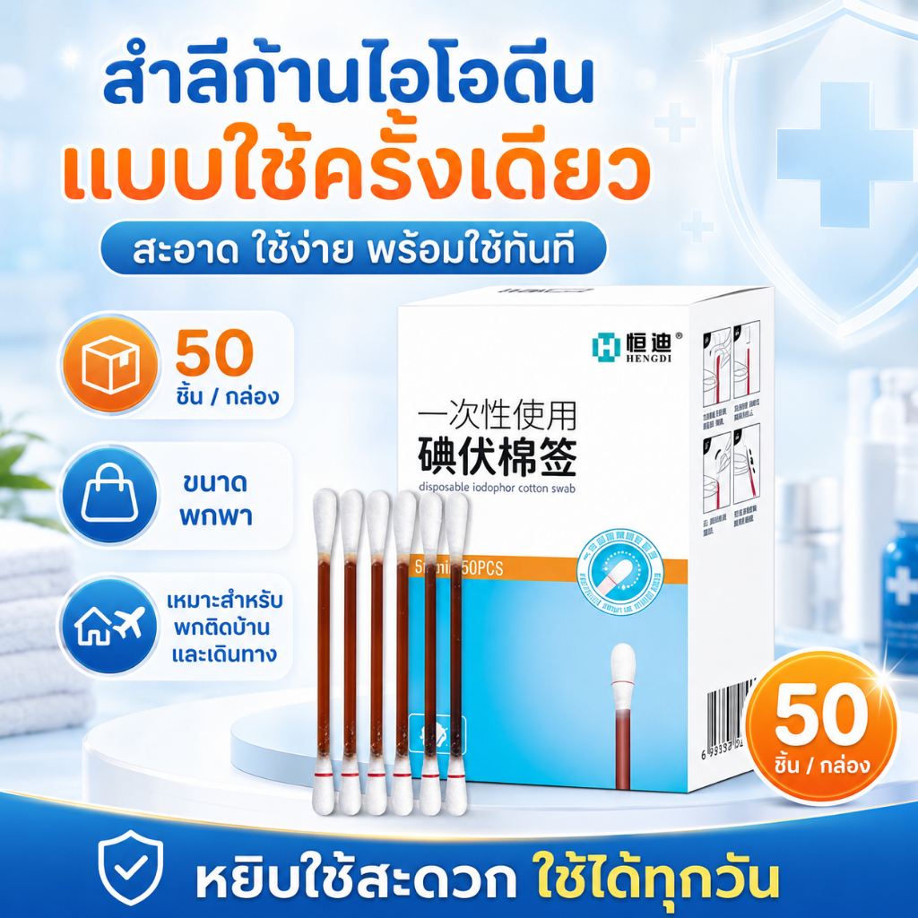 ไอโอดีนฟอสเฟต สำลีก้านสไตล์คัตตอนบัท บรรจุเบตาดีนทาแผล-ปลอดเชื้อสะดวกพกพา ปลอดภัย บรรจุแยกอัน 1กล่อง50ก้าน
