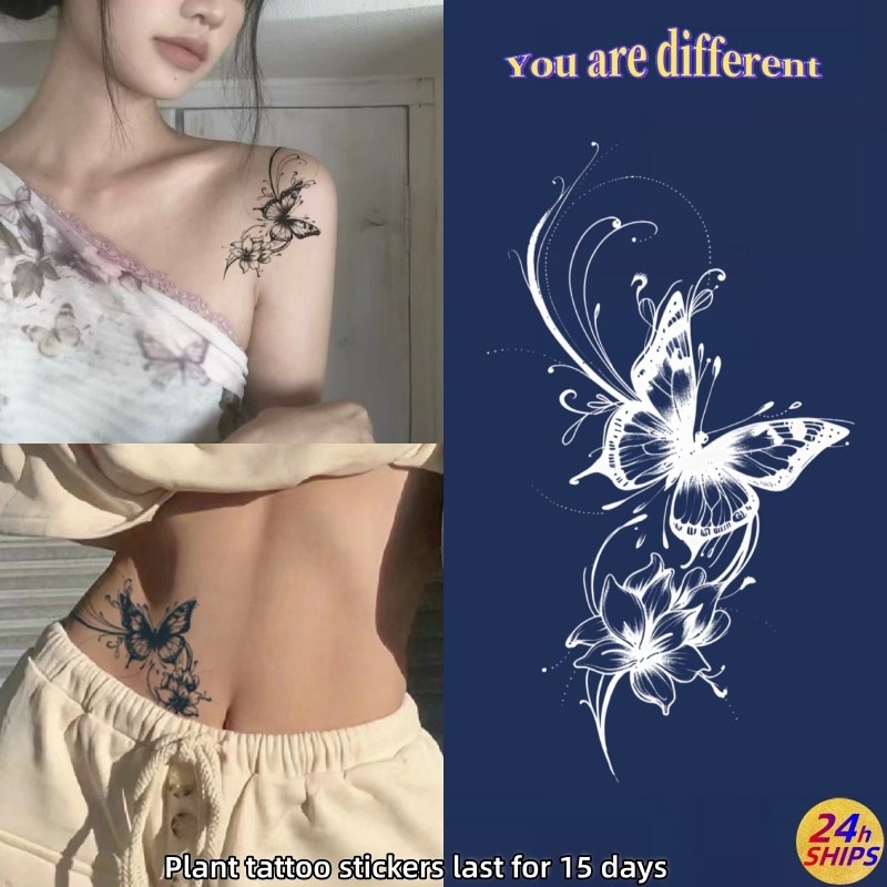ดอกพีชผีเสื้อลายสักน่ารักสาวแขนพืชสักสติกเกอร์รอยสักกันน้ํายาวนาน15วันสักปลอมชั่วคราว