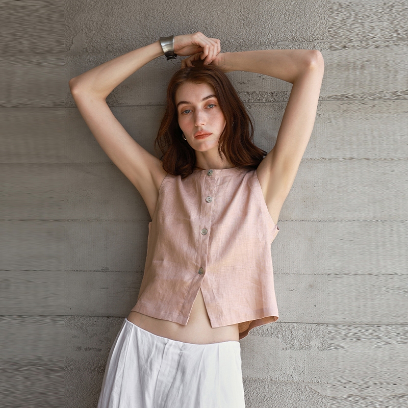 เสื้อกล้ามผ้าลินิน คอกลม แขนกุด ทรงสั้น ผู้หญิง ฤดูร้อน รูปที่ 2