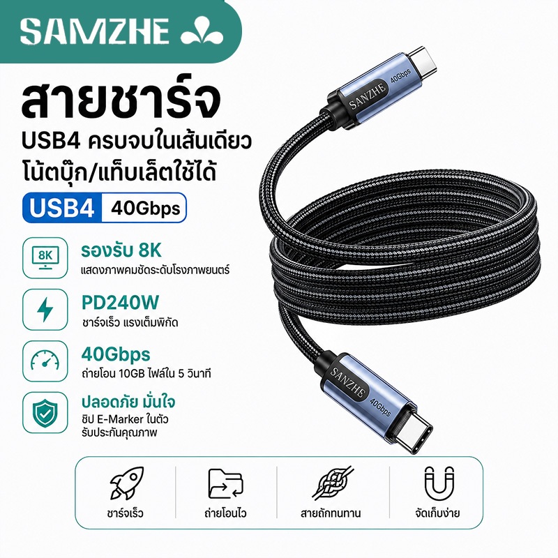 SAMZHE มัลติฟังก์ชั่น สายชาร์จ type c ชาร์จเร็ว USB4 การแคสต์หน้าจอ 8K/60Hz 40Gbps 5A 240Wสายชาร์จ