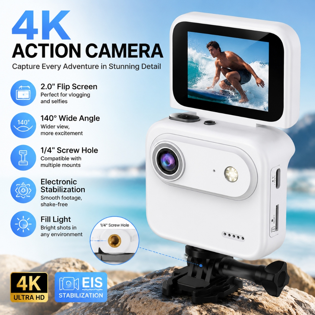 กล้องแอคชั่นแคมเมราขนาดเล็กแบบพกพา 4K Vlog Cam พร้อมกันสั่น, ขายึดสกรู 1/4 และการชาร์จ Type-C สําหรับเดินทาง, รถ Dash & Everyday Recording
