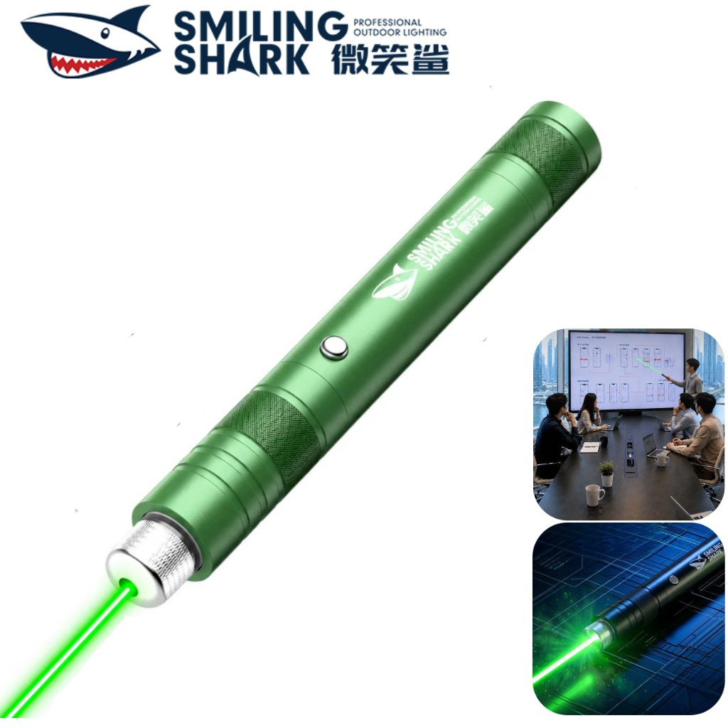 SMILING SHARK เลเซอร์แสงสีเขียว Pointer 532nm ปากกาเลเซอร์ Type-c ชาร์จกันน้ํากลางแจ้งในร่มการสอน Conference ไฟฉายสีเขียว JGB03