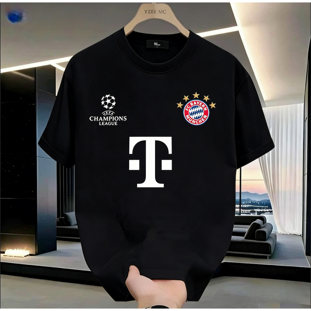 บาเยิร์นมิวนิคแชมป์เสื้อยืดมือถือโลโก้ใหญ่แขนสั้นเสื้อยืดผู้ชายผู้หญิงสไตล์เดียวกันหลวมสบายๆด้านบนฤดูร้อนฟุตบอลแฟนถนนสวมครึ่งแขน